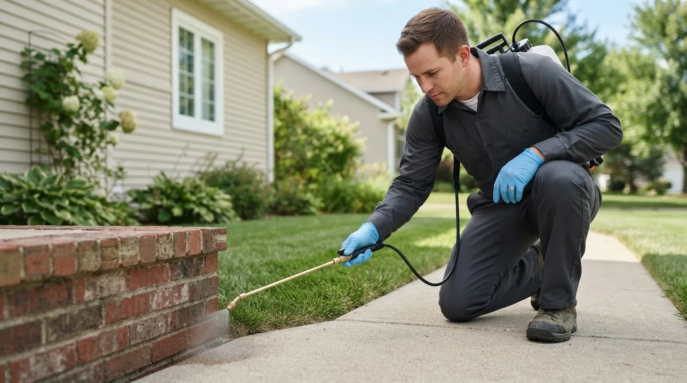 Pest control technician treating a home near Harrison City, PA